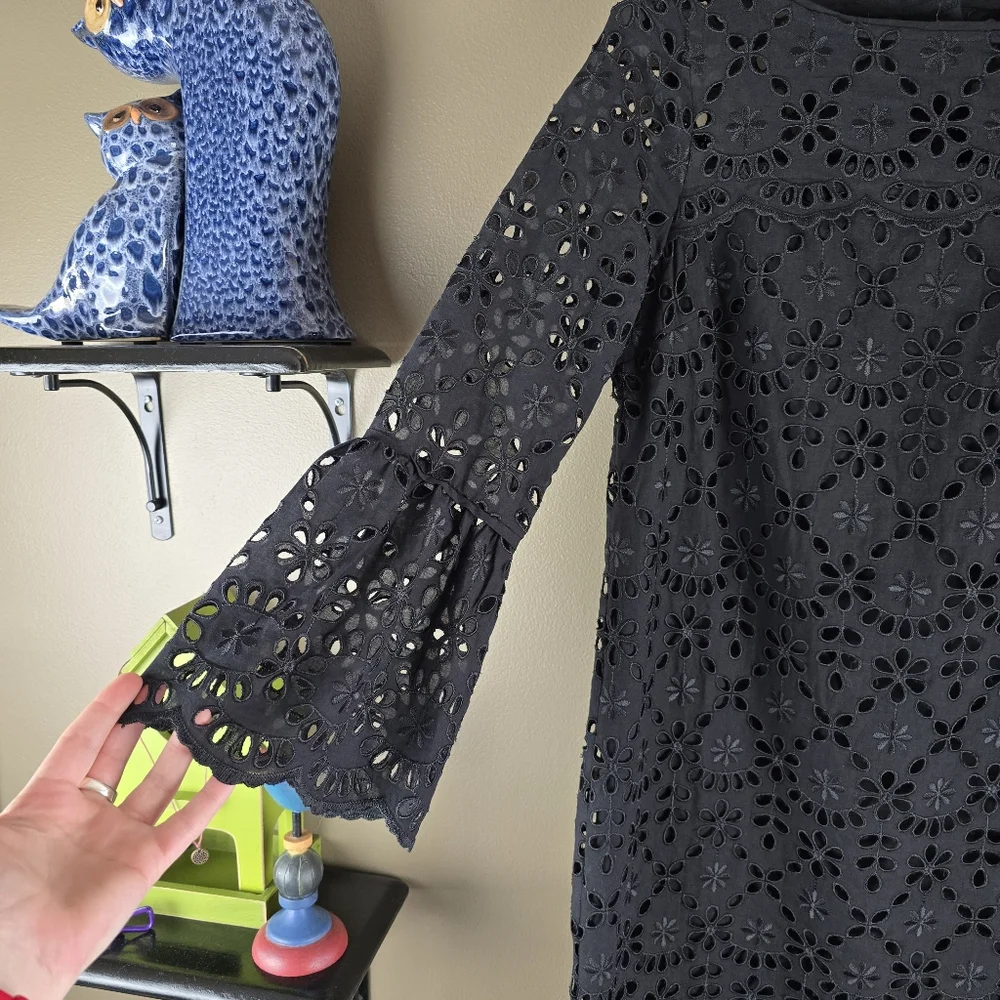 J.Crew Cora Lace Embroidered Eyelet Black Bell Sleeve Dress Size 0